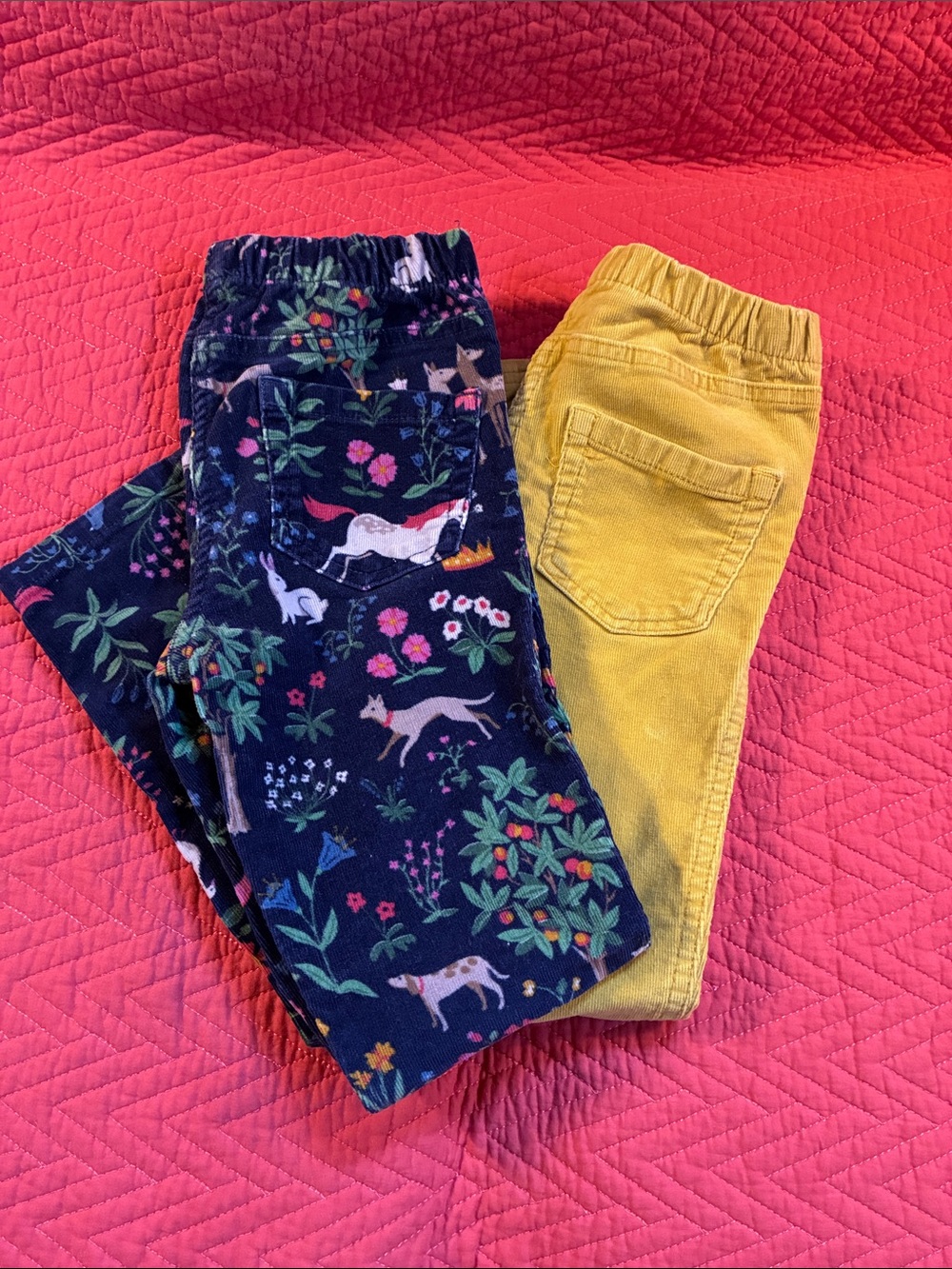 Mini Boden Corduroy Leggings. 2 pair. Navy print & Mustard yellow